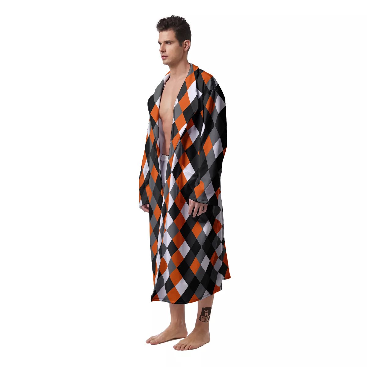 Black White And Orange Harlequin Print Pattern Men's Robe-grizzshop