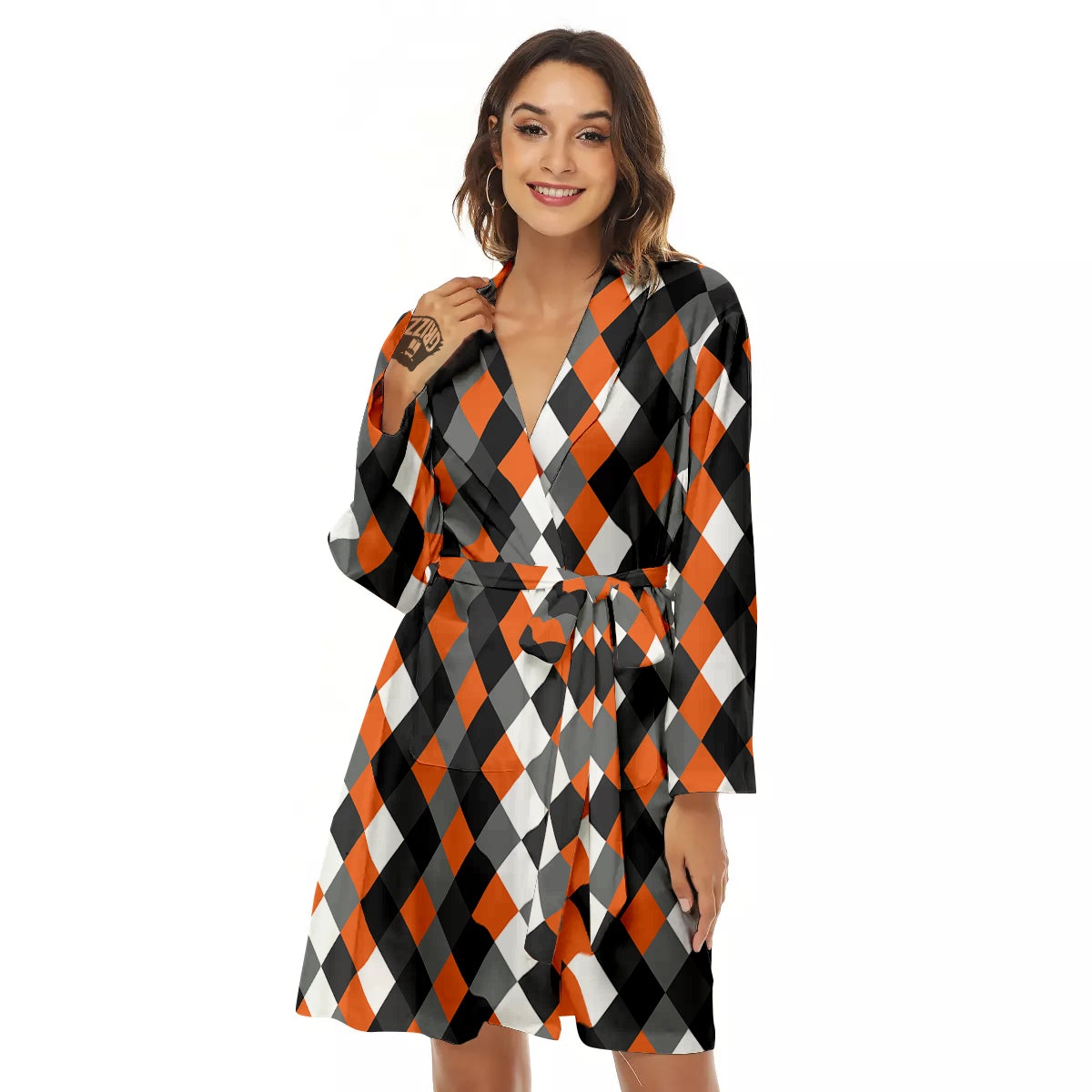 Black White And Orange Harlequin Print Pattern Women's Robe-grizzshop