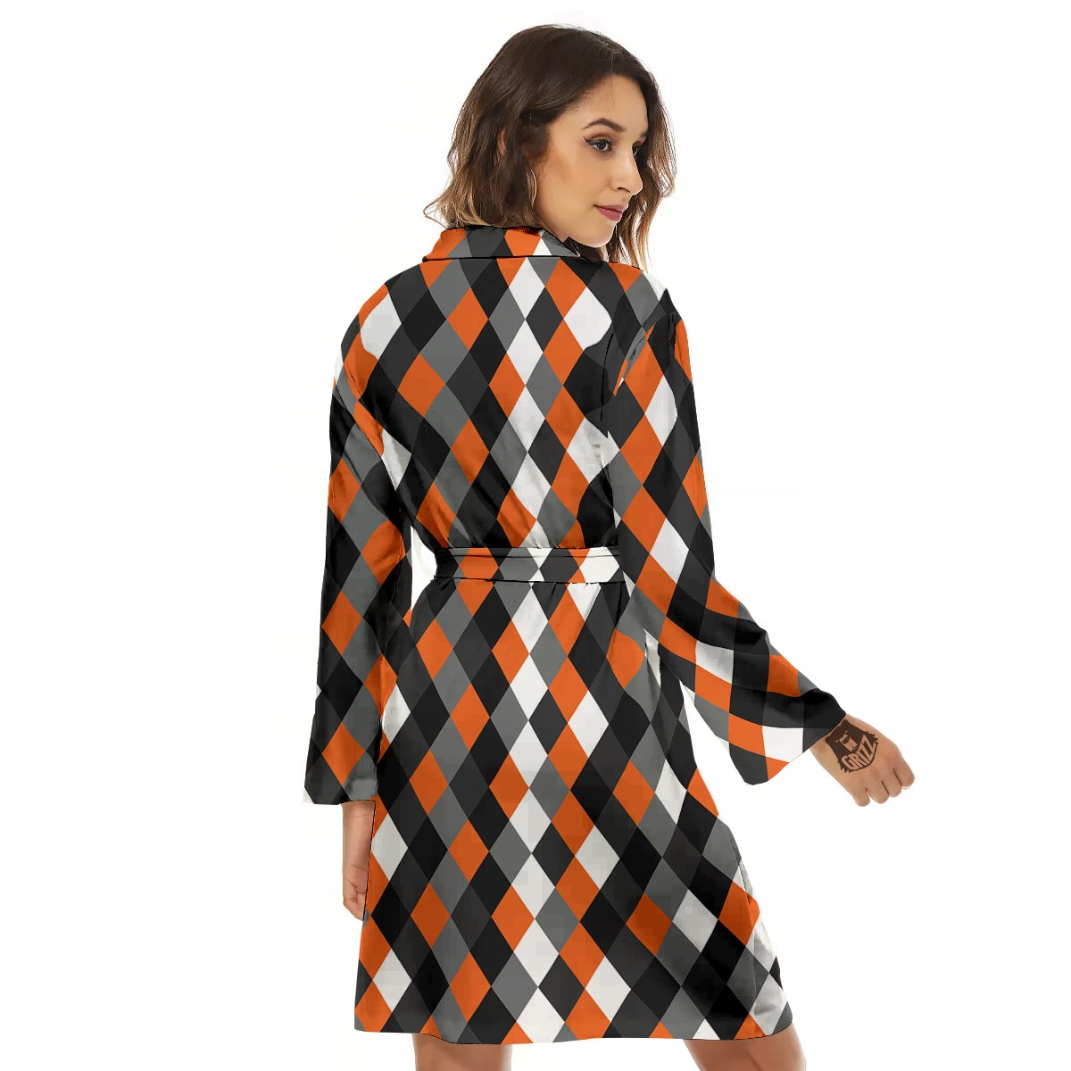 Black White And Orange Harlequin Print Pattern Women's Robe-grizzshop