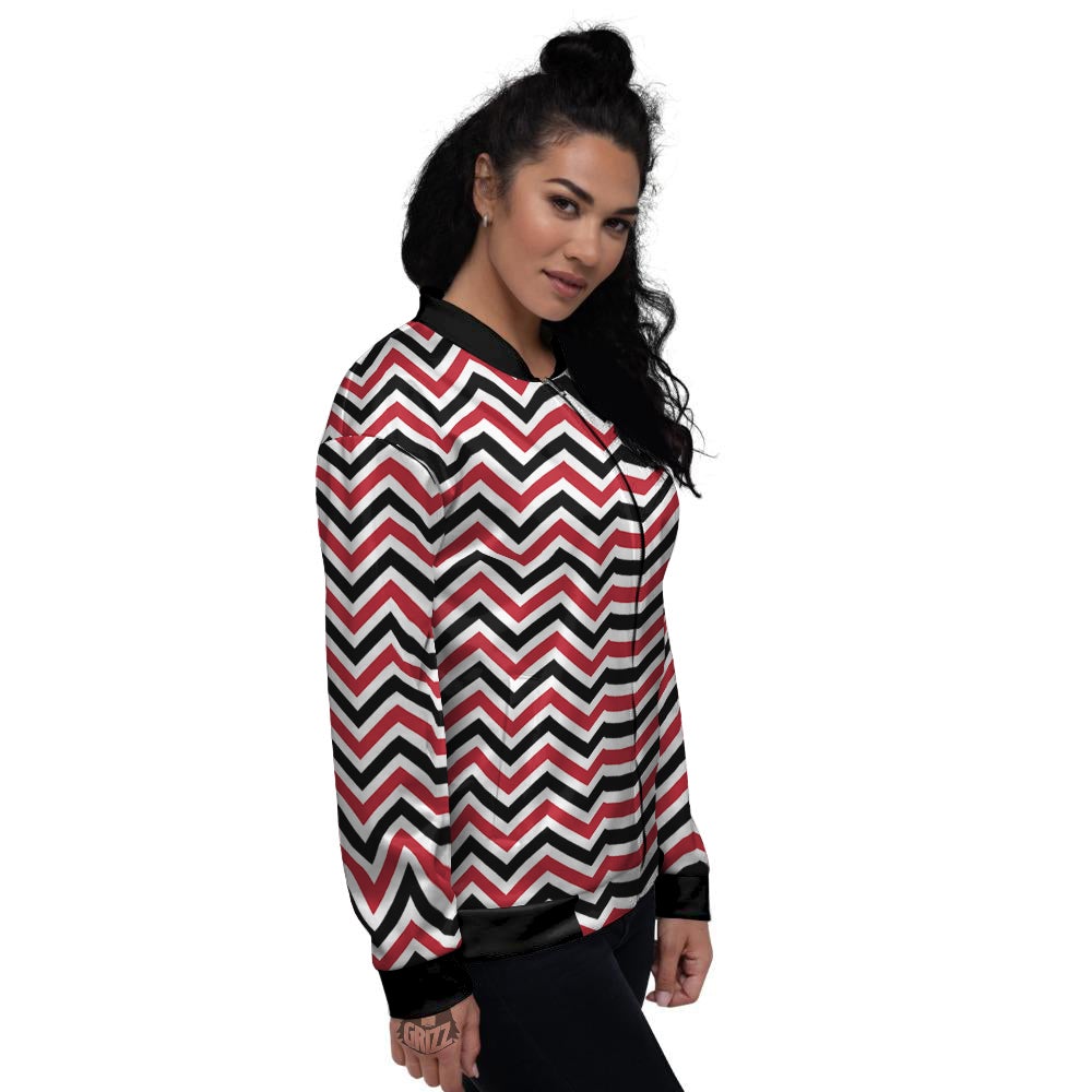 Black White And Red Chevron Print Pattern Women's Bomber Jacket-grizzshop