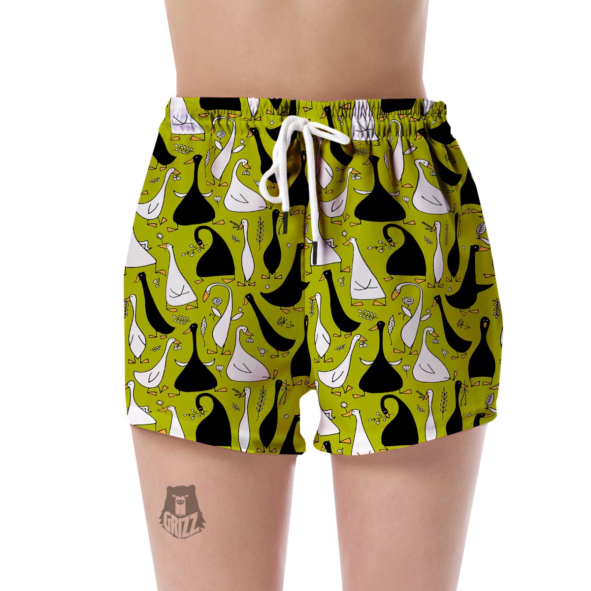 Black White Duck Mallard Pattern Prin Women's Shorts-grizzshop