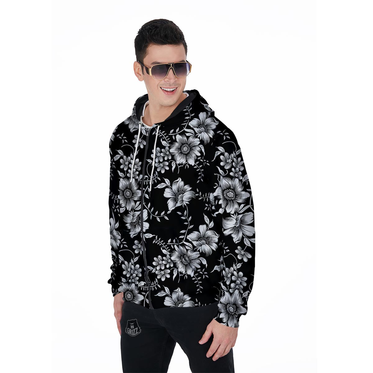 Black White Floral Print Men's Zip Up Hoodie-grizzshop