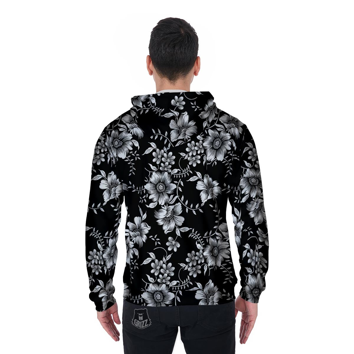 Black White Floral Print Men's Zip Up Hoodie-grizzshop