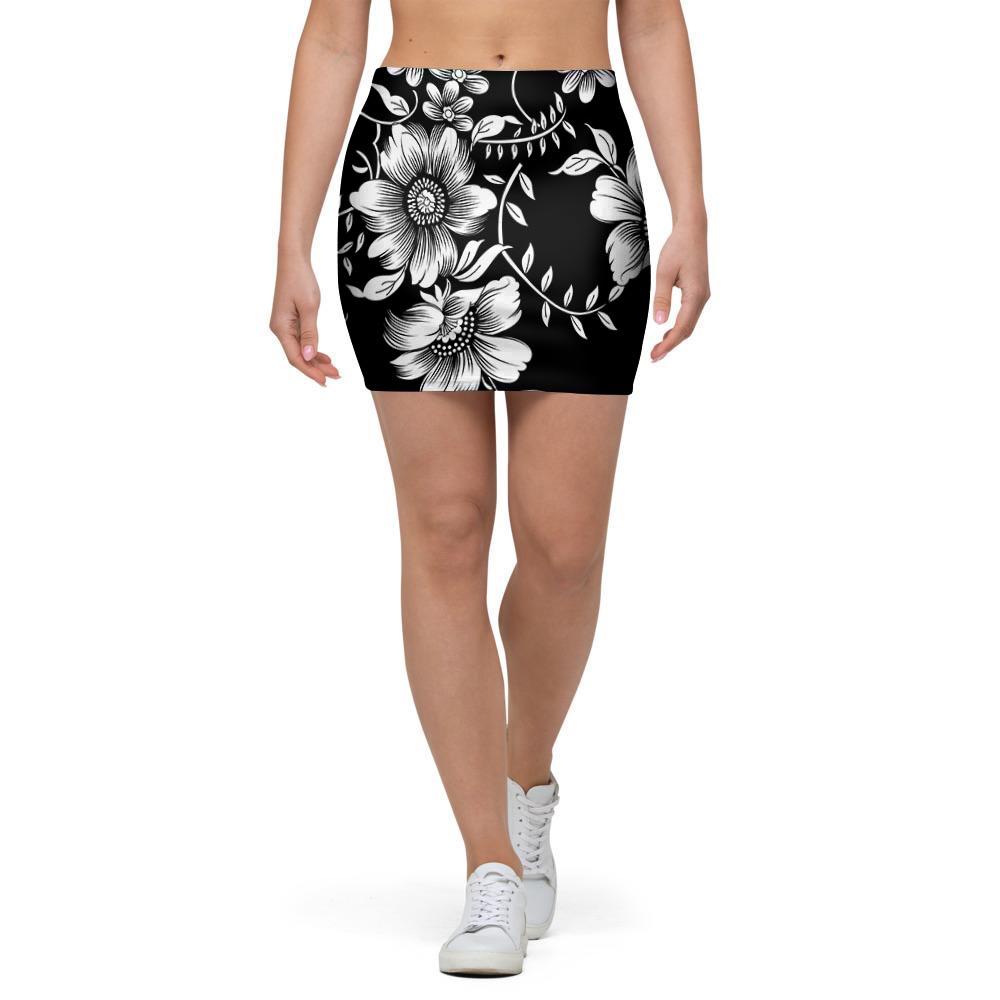 Black White Floral Print Mini Skirt-grizzshop