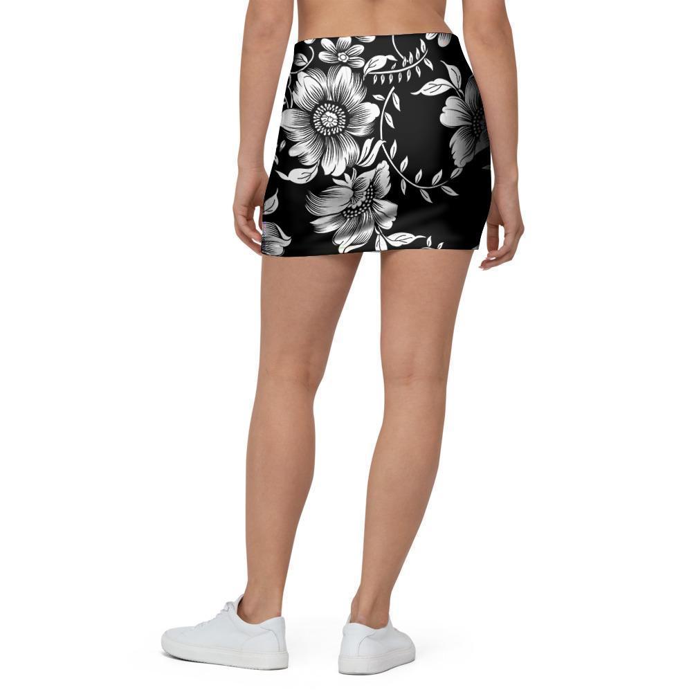 Black White Floral Print Mini Skirt-grizzshop
