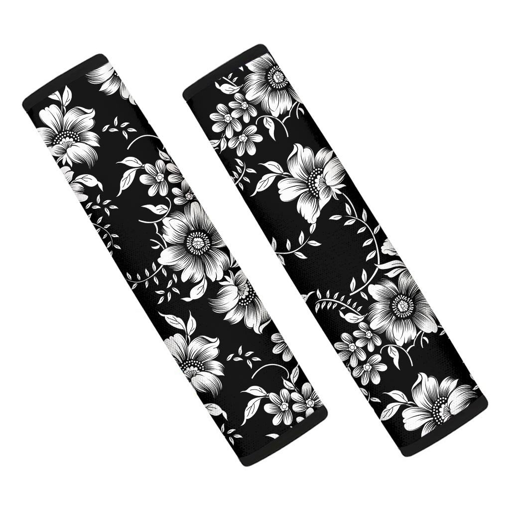 Black White Floral Print Seat Belt Cover-grizzshop