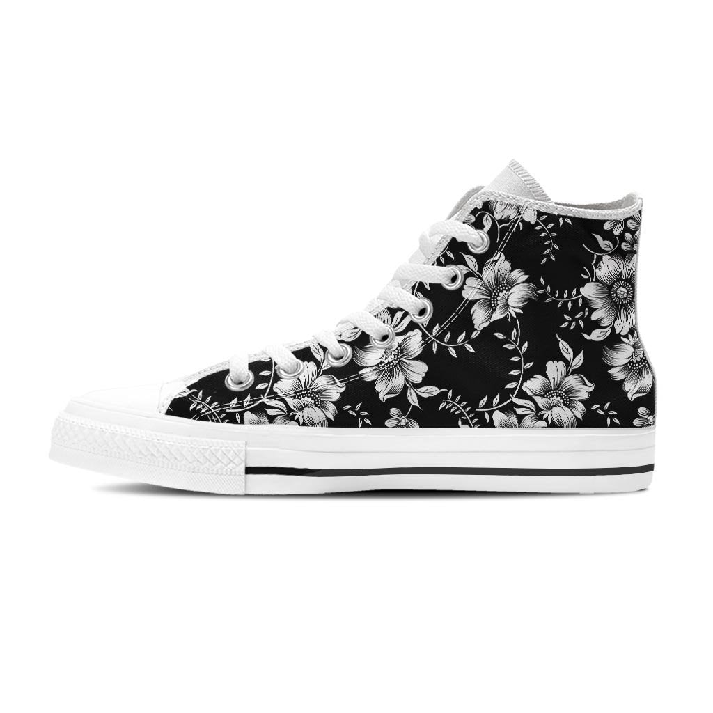 Black White Floral Print Women's High Top Shoes-grizzshop