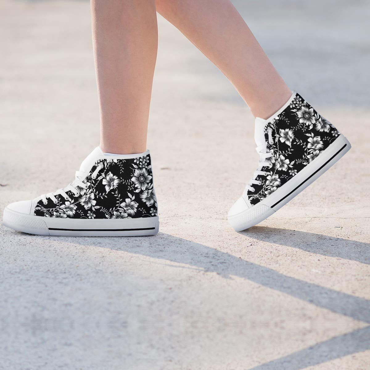 Black White Floral Print Women's High Top Shoes-grizzshop