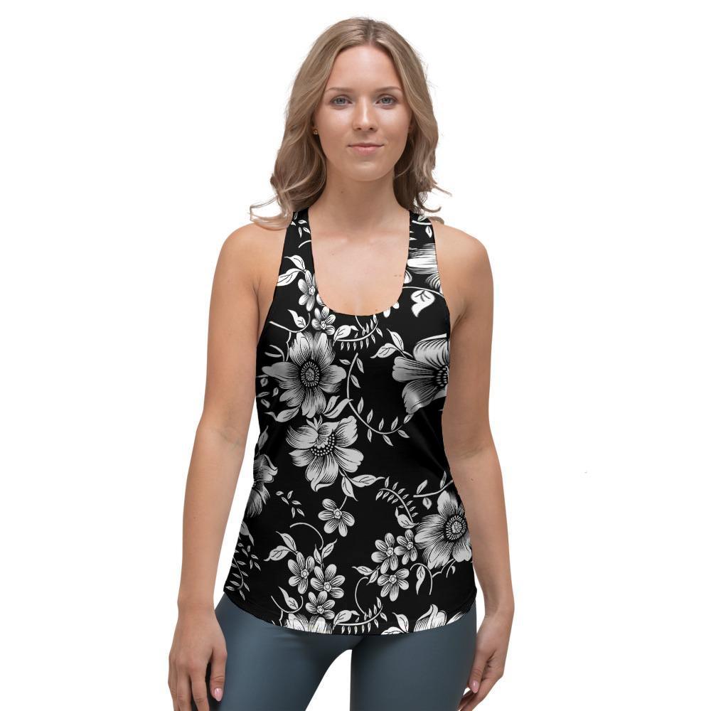 Black White Floral Print Women's Racerback Tank Top-grizzshop