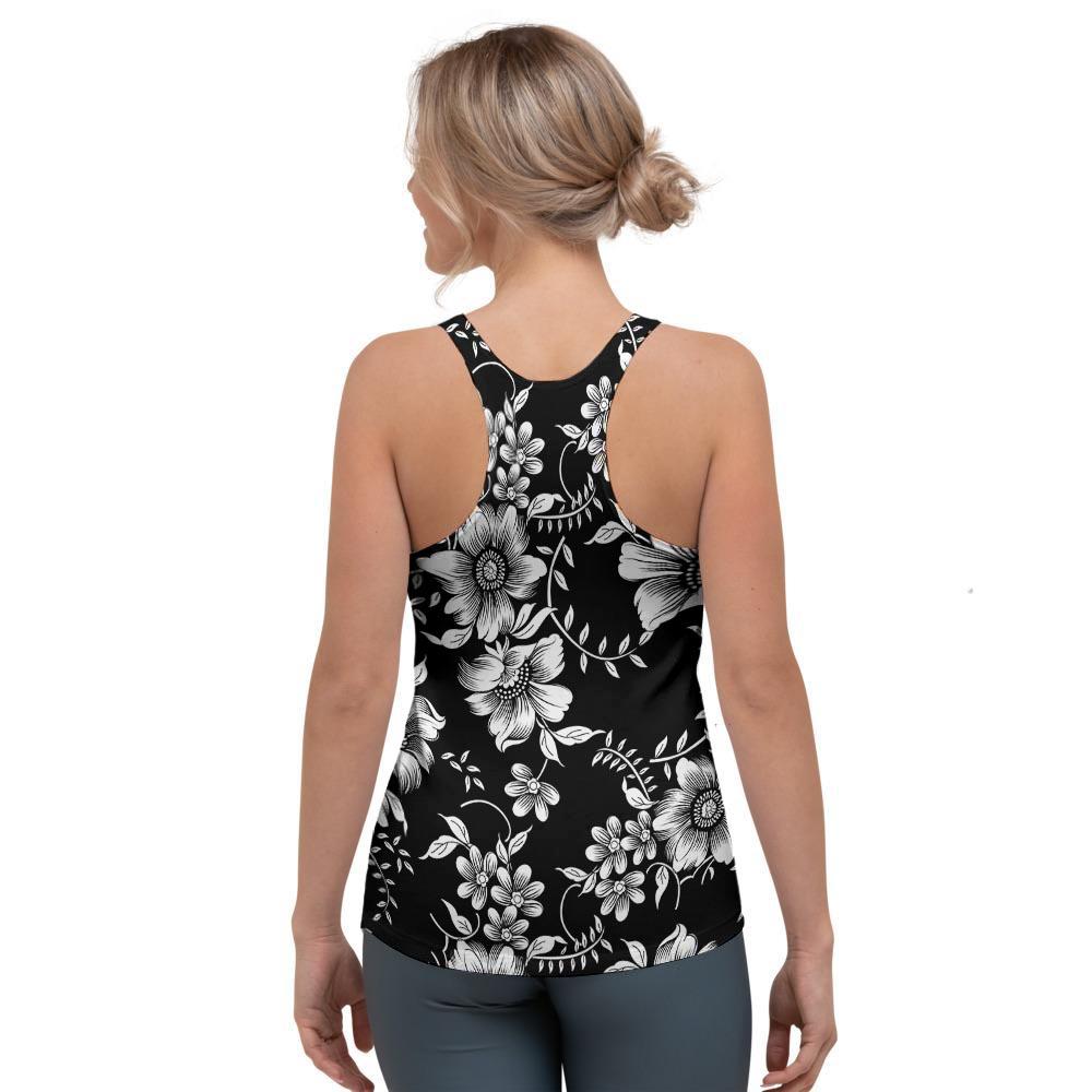 Black White Floral Print Women's Racerback Tank Top-grizzshop