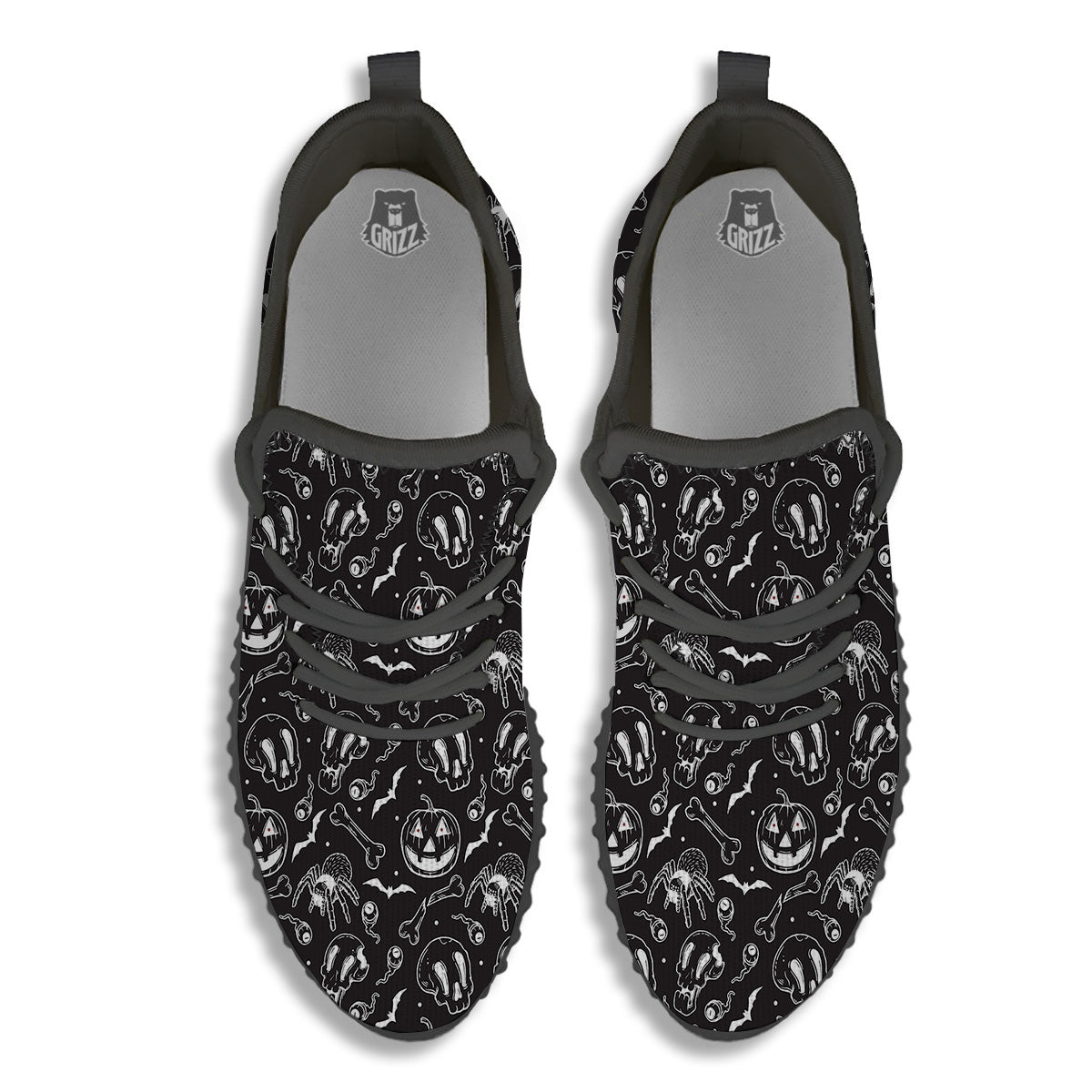 Black White Handdrawn Skull And Spider Print Pattern Black Walking Shoes-grizzshop