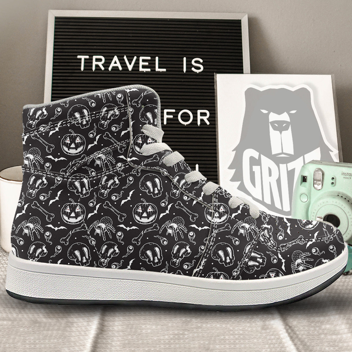 Black White Handdrawn Skull And Spider Print Pattern High Top Sneakers-grizzshop