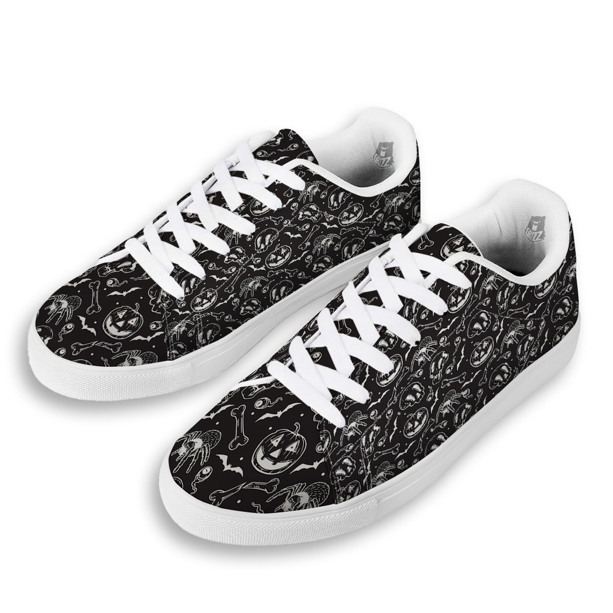 Black White Handdrawn Skull And Spider Print Pattern White Low Top Sneakers-grizzshop