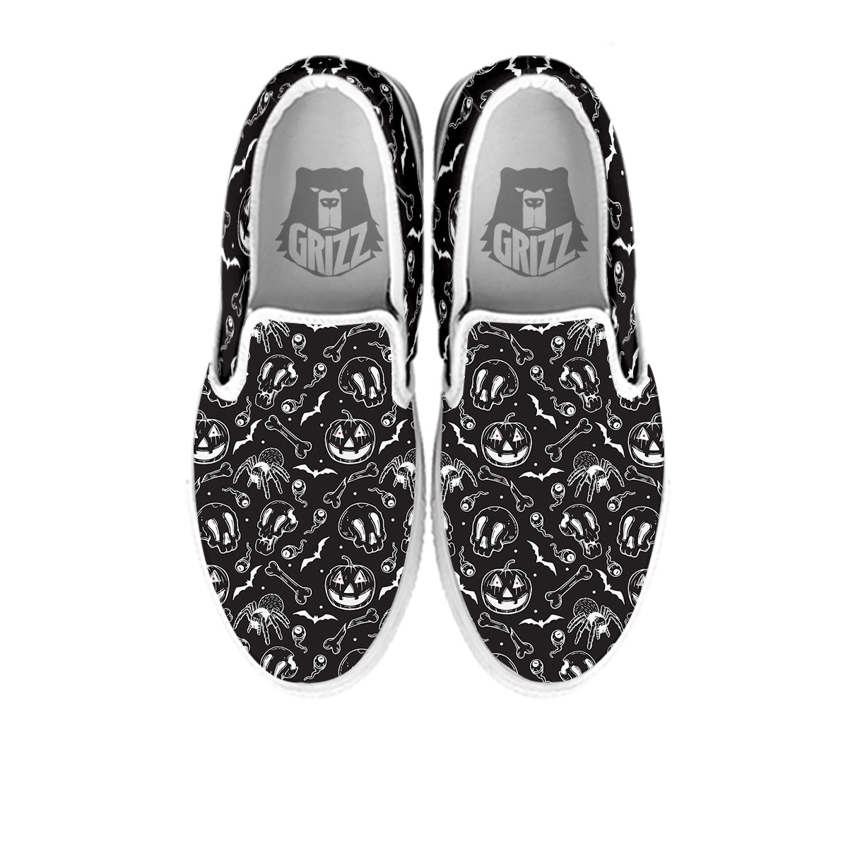 Black White Handdrawn Skull And Spider Print Pattern White Slip On Shoes-grizzshop