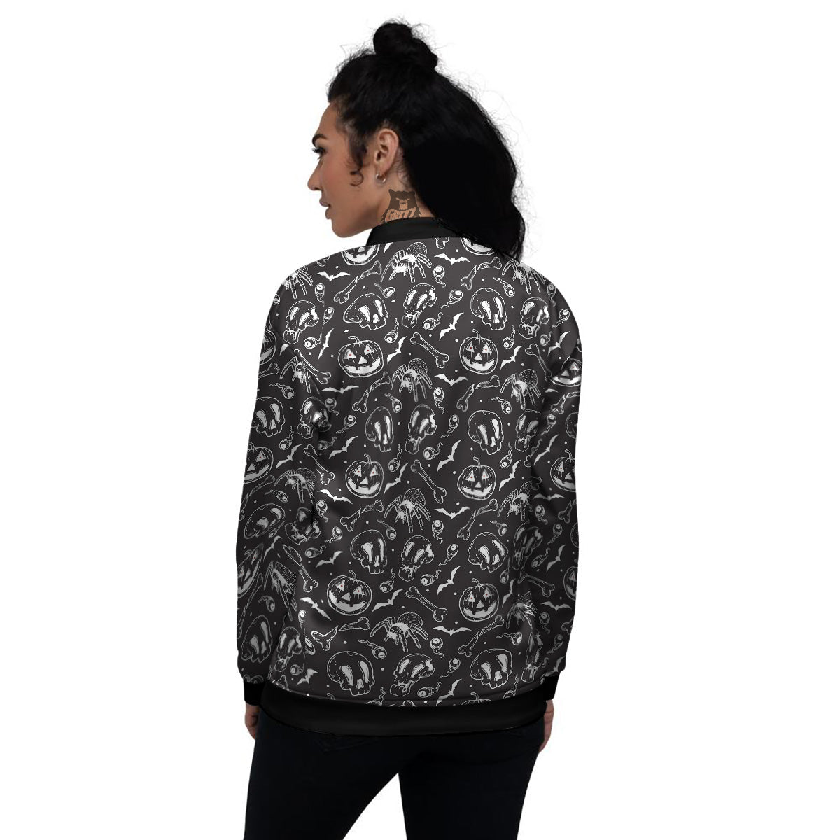 Black White Handdrawn Skull And Spider Print Pattern Women's Bomber Jacket-grizzshop