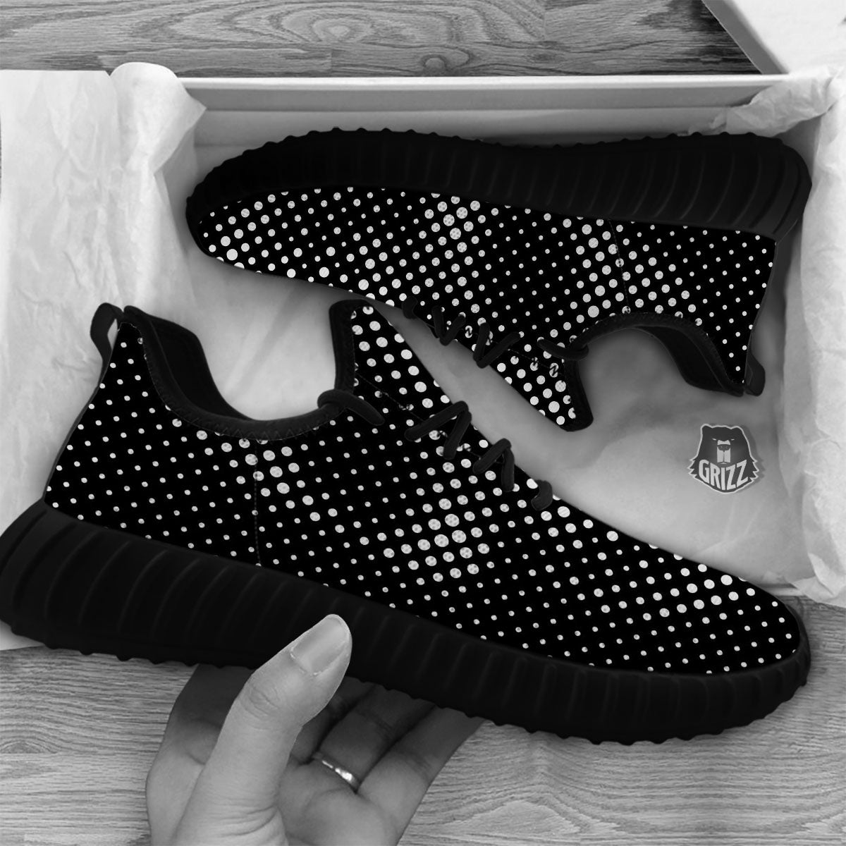 Black White Polka Dots Skull Print Black Walking Shoes-grizzshop