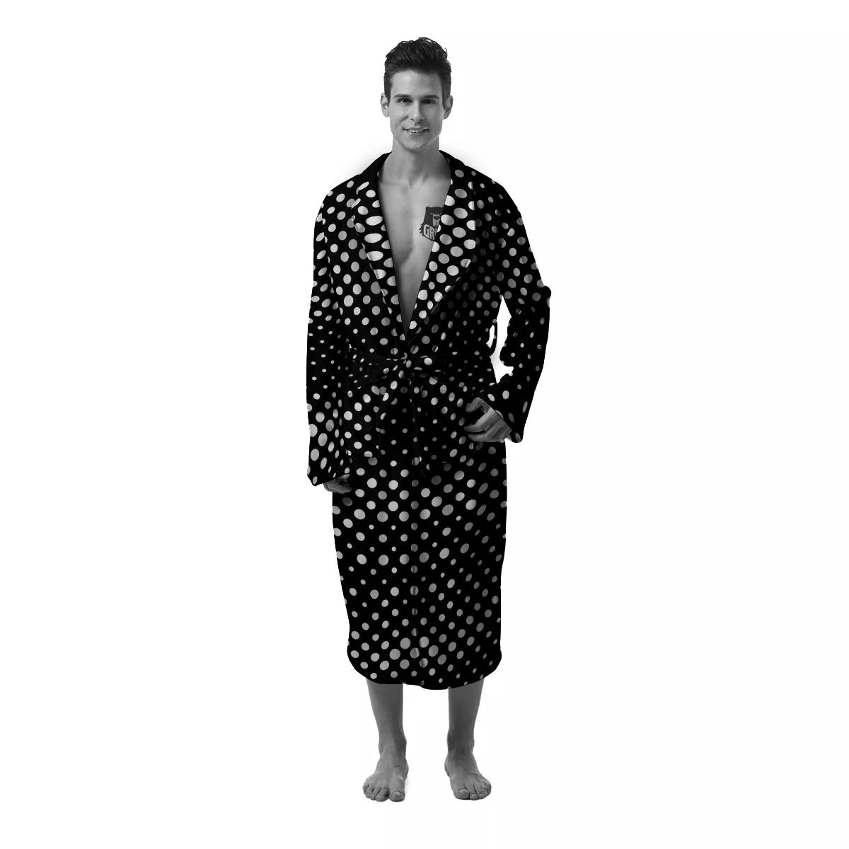 Black White Polka Dots Skull Print Men's Robe-grizzshop