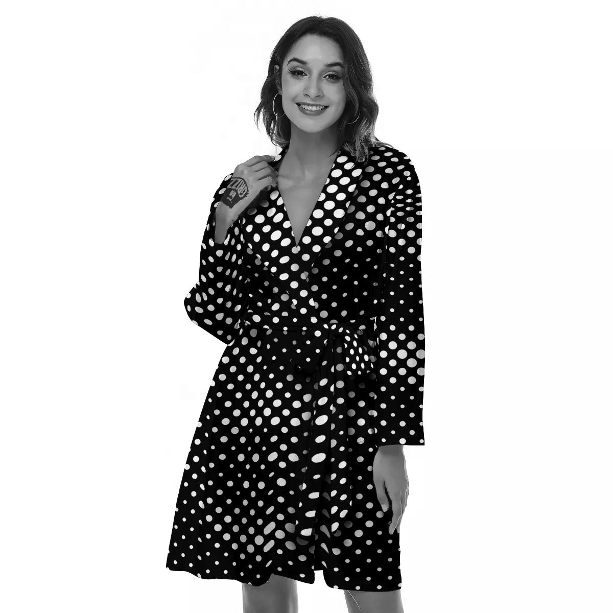 Black White Polka Dots Skull Print Women's Robe-grizzshop