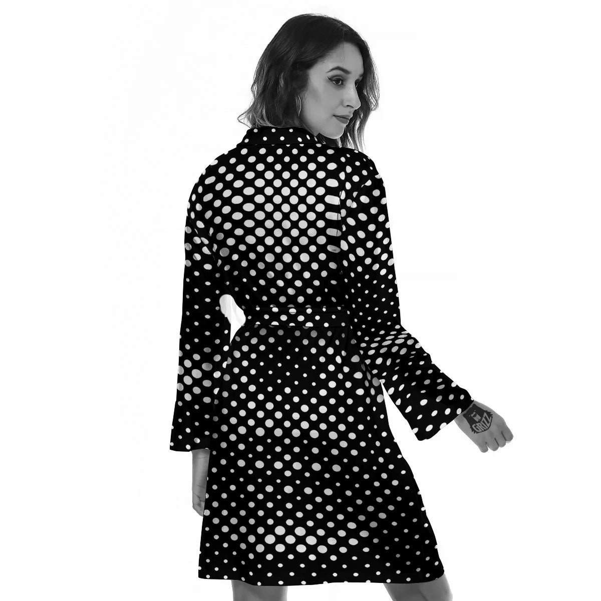 Black White Polka Dots Skull Print Women's Robe-grizzshop