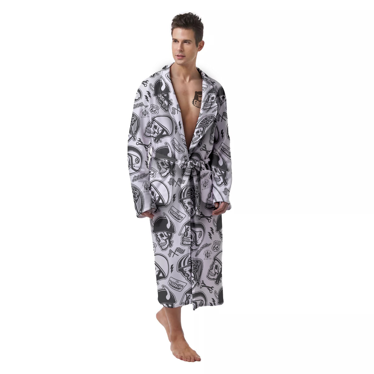 Black White Skull Helmet Rider Print Pattern Men's Robe-grizzshop