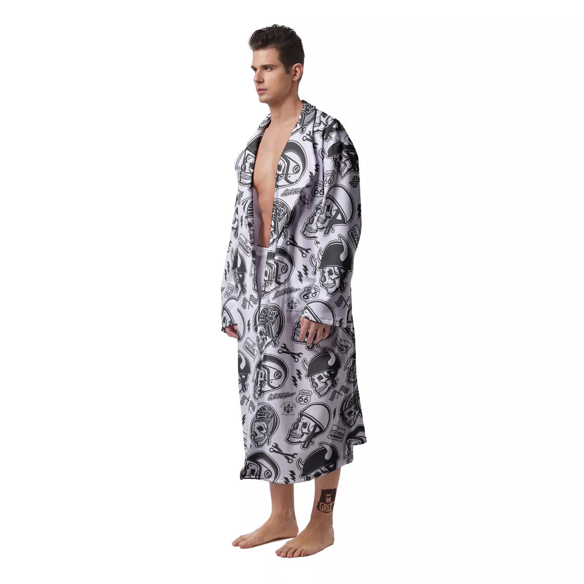 Black White Skull Helmet Rider Print Pattern Men's Robe-grizzshop