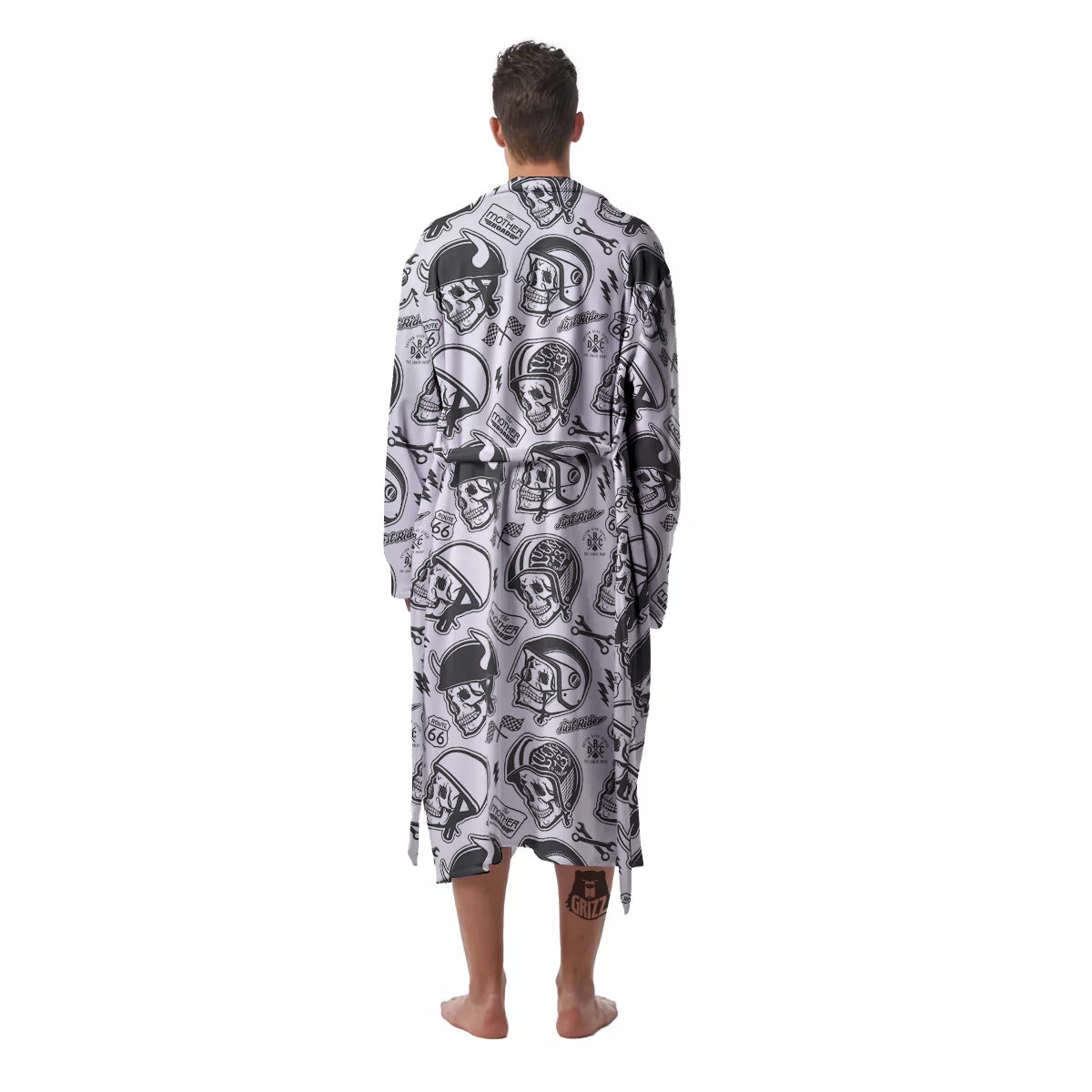 Black White Skull Helmet Rider Print Pattern Men's Robe-grizzshop