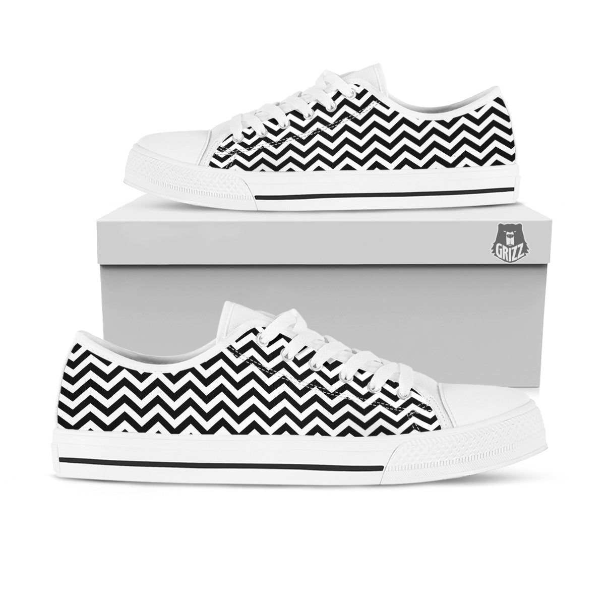 Black Zigzag Print Pattern White Low Top Shoes-grizzshop