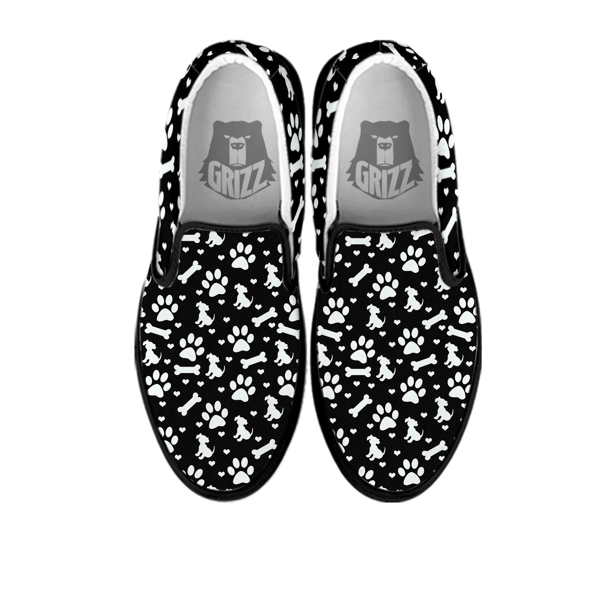 Black and White Dog Paw Print Pattern Black Slip On Shoes-grizzshop