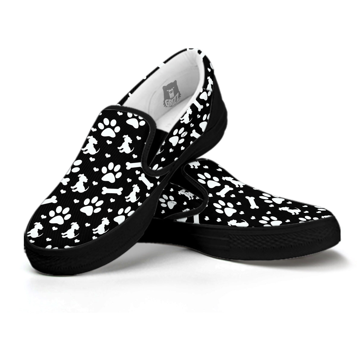 Black and White Dog Paw Print Pattern Black Slip On Shoes-grizzshop