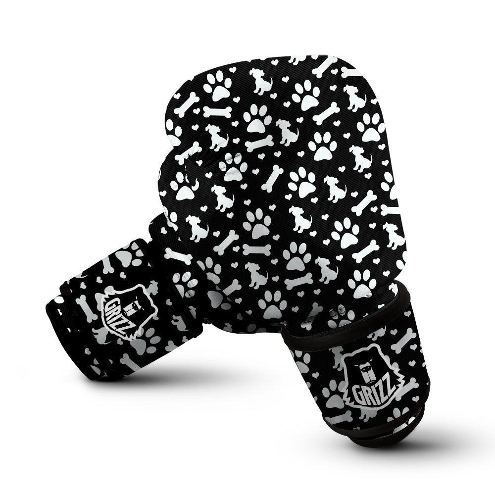 Black and White Dog Paw Print Pattern Boxing Gloves-grizzshop