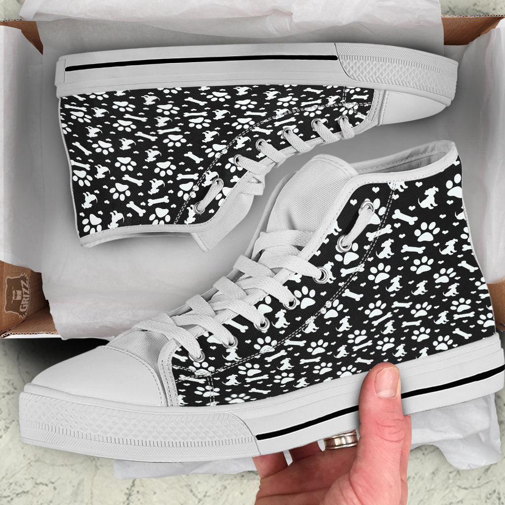 Black and White Dog Paw Print Pattern White High Top Shoes-grizzshop