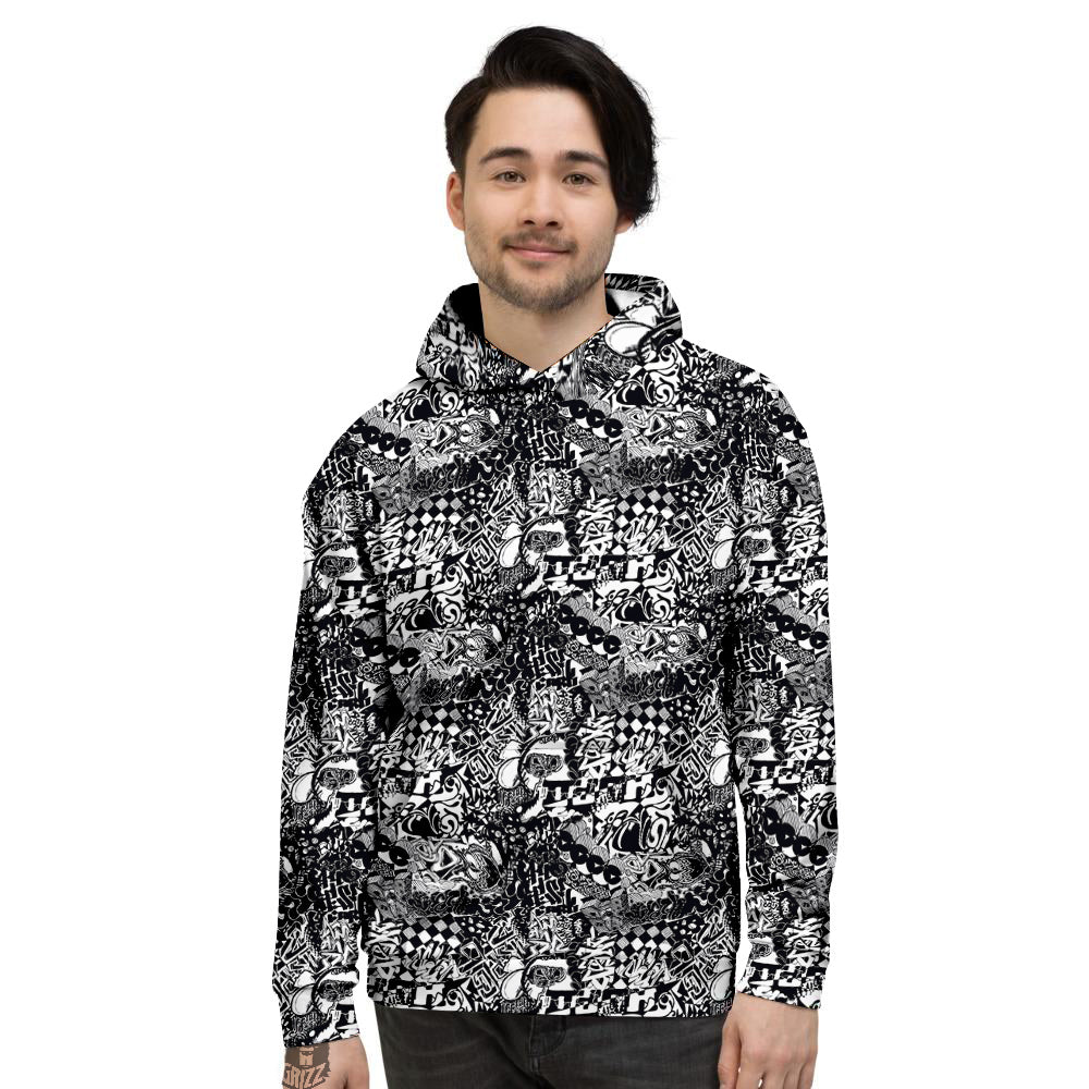White And Black Graffiti Doodle Text Print Men's Zip Up Hoodie