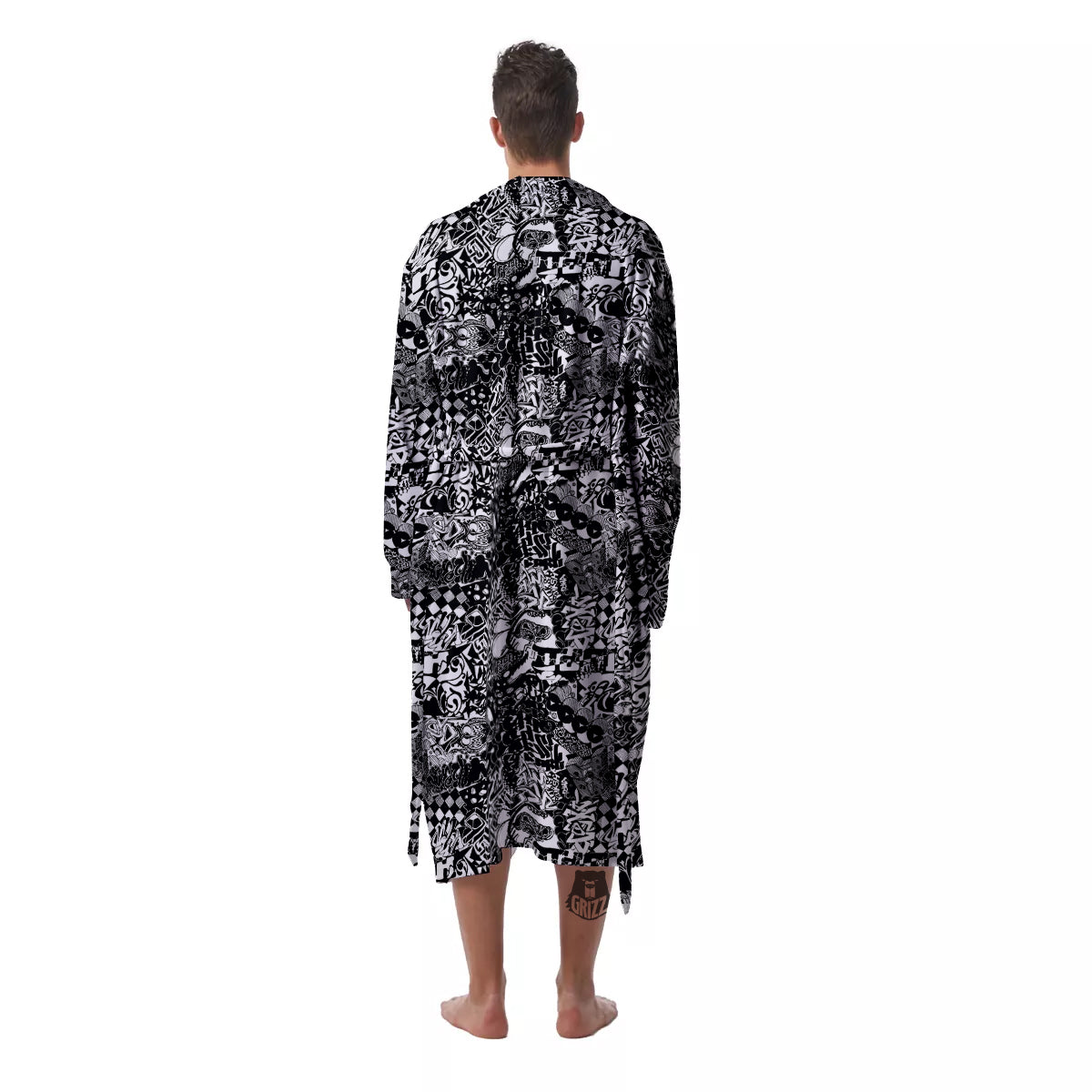 Black and White Graffity Street Art Print Pattern Men's Robe-grizzshop