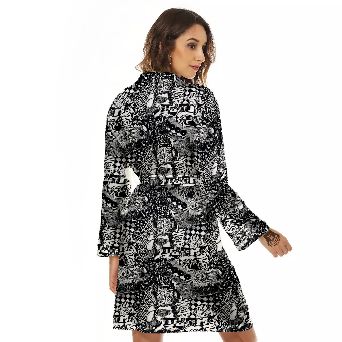 Black and White Graffity Street Art Print Pattern Women's Robe-grizzshop