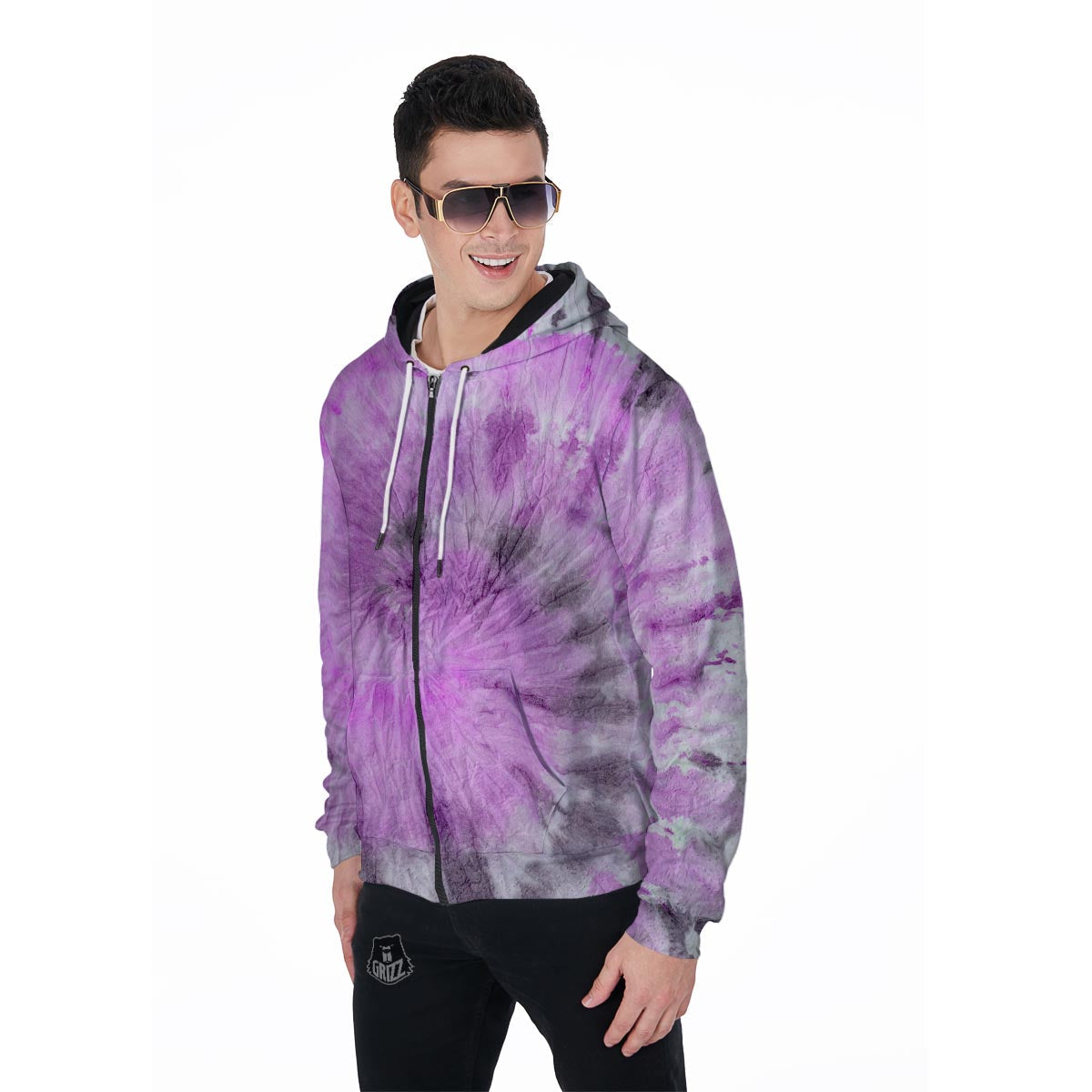 Black And Purple Tie Dye Men's Zip Up Hoodie-grizzshop