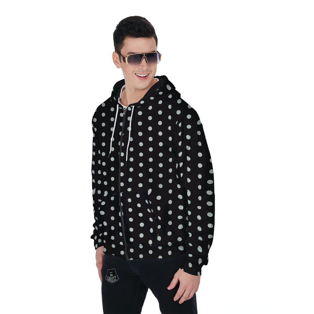 Black And White Polka Dot Men's Zip Up Hoodie-grizzshop