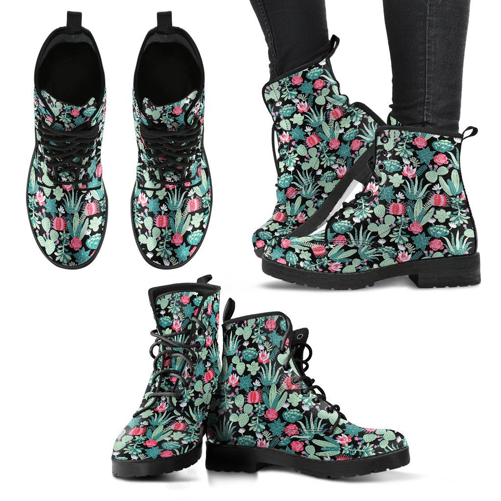 Black Cactus Pattern Print Men Women Leather Boots-grizzshop