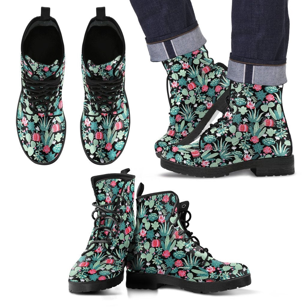 Black Cactus Pattern Print Men Women Leather Boots-grizzshop