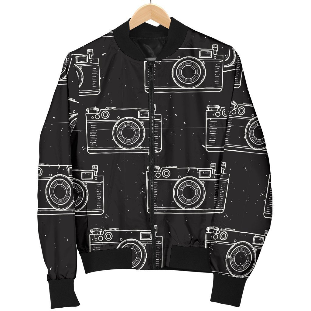Black Camera Print Pattern Women Casual Bomber Jacket-grizzshop