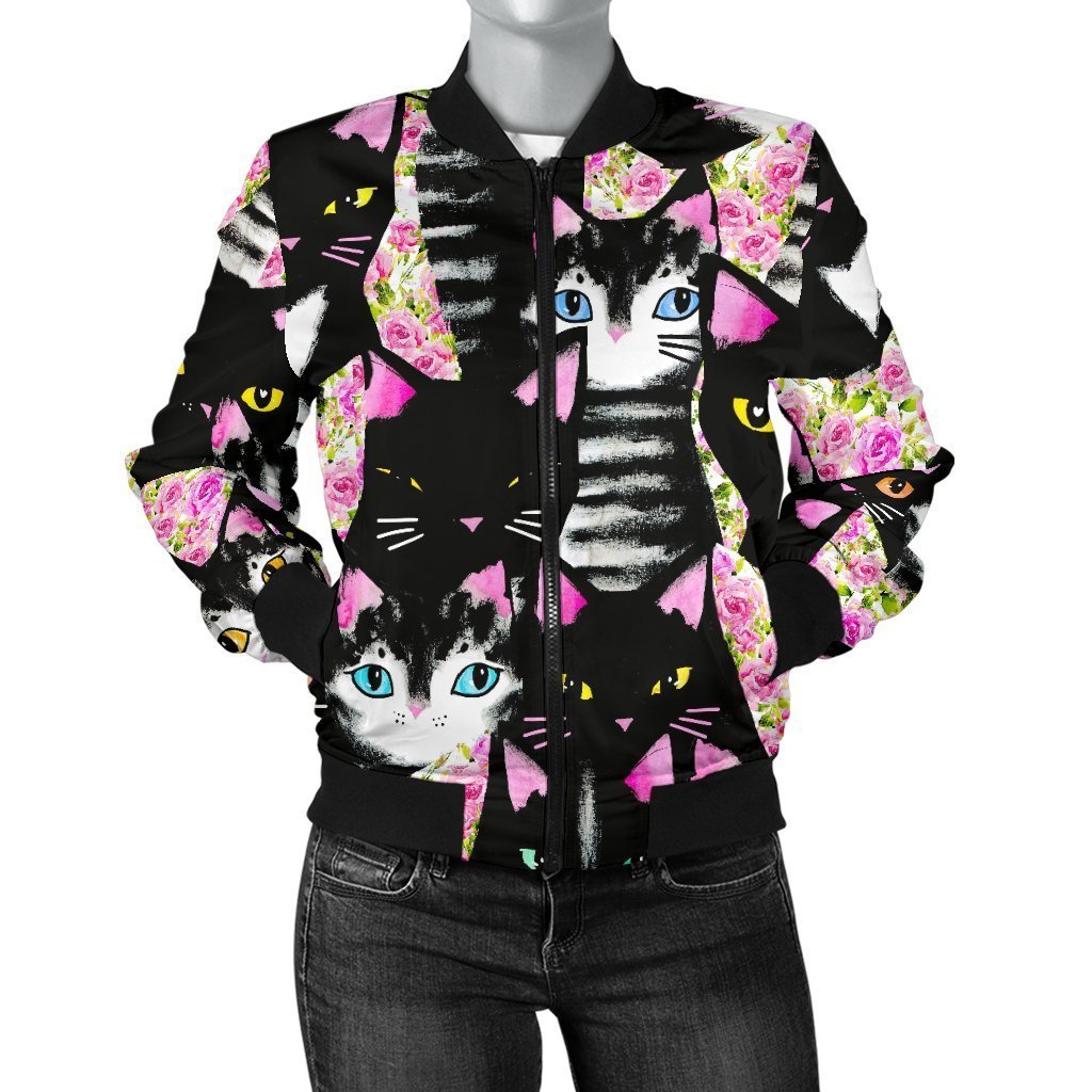 Black Cat Pattern Print Women Casual Bomber Jacket-grizzshop
