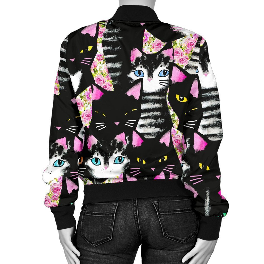 Black Cat Pattern Print Women Casual Bomber Jacket-grizzshop