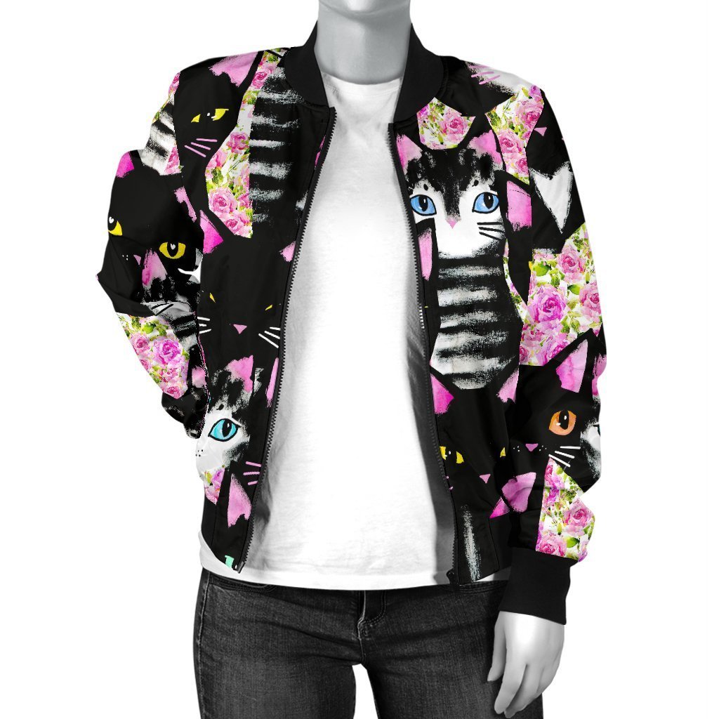 Black Cat Pattern Print Women Casual Bomber Jacket-grizzshop