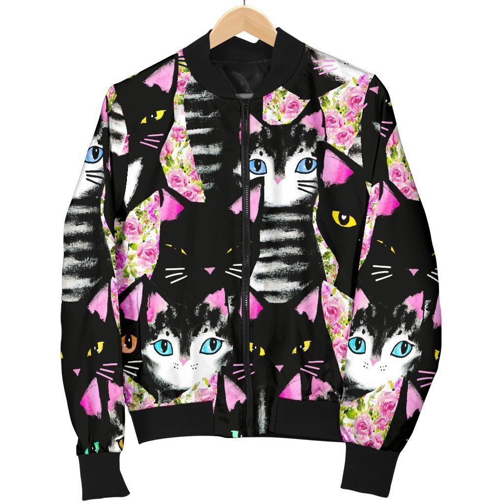 Black Cat Pattern Print Women Casual Bomber Jacket-grizzshop