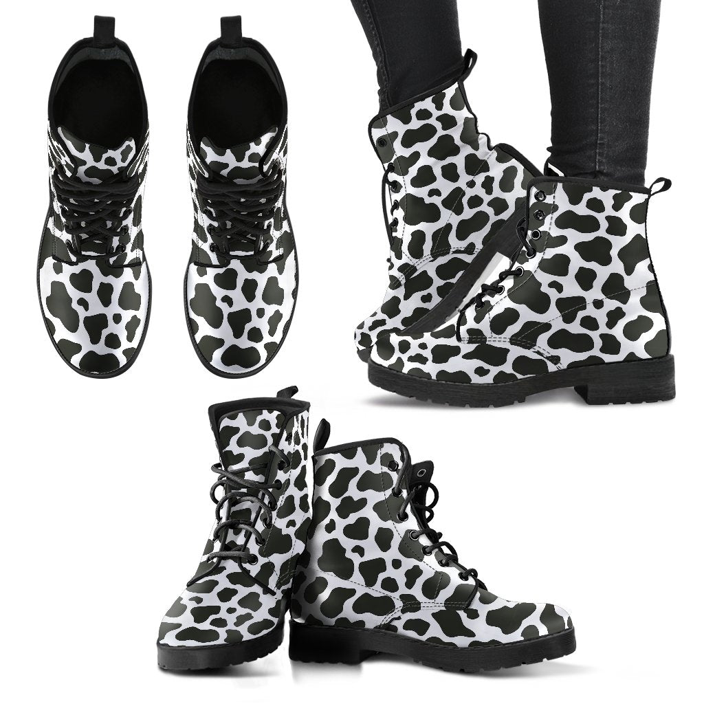 Black Cow Pattern Print Men Women Leather Boots-grizzshop