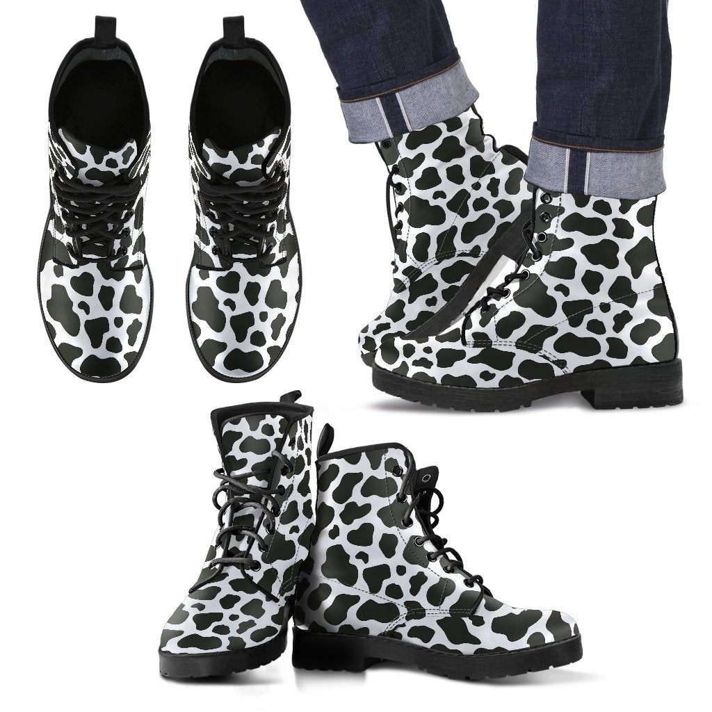 Black Cow Pattern Print Men Women Leather Boots-grizzshop