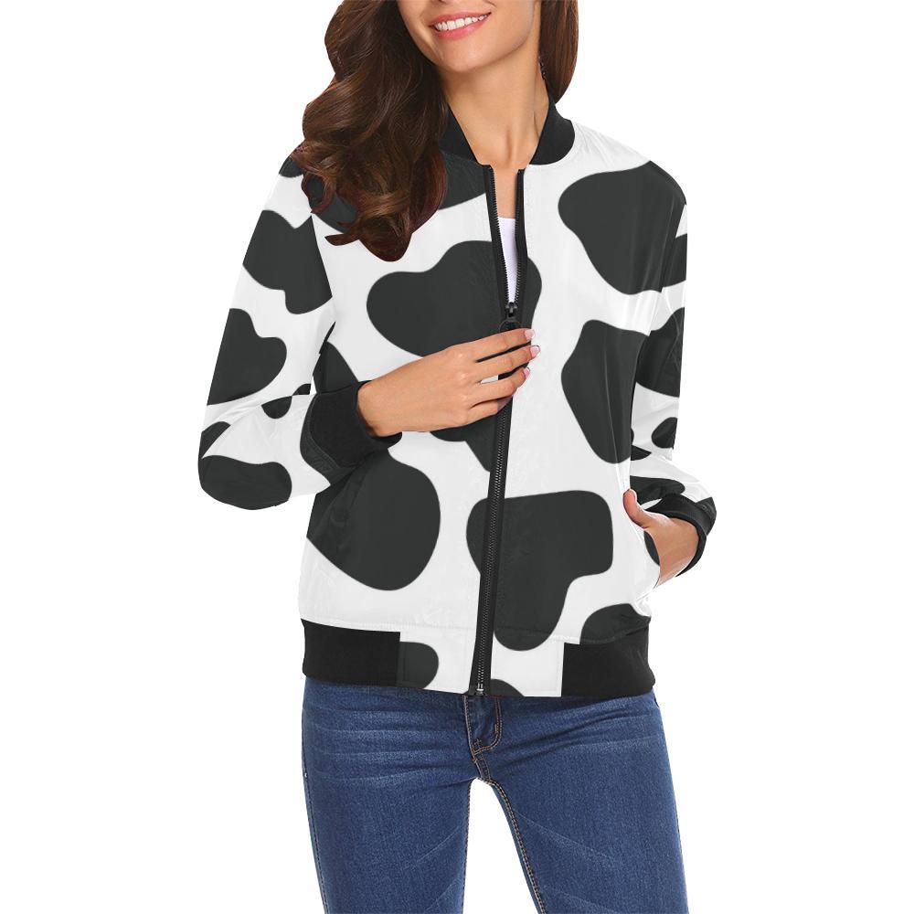 Black Cow Pattern Print Women Casual Bomber Jacket-grizzshop