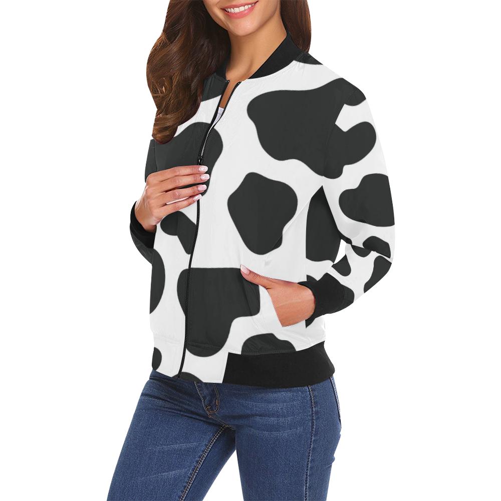 Black Cow Pattern Print Women Casual Bomber Jacket-grizzshop