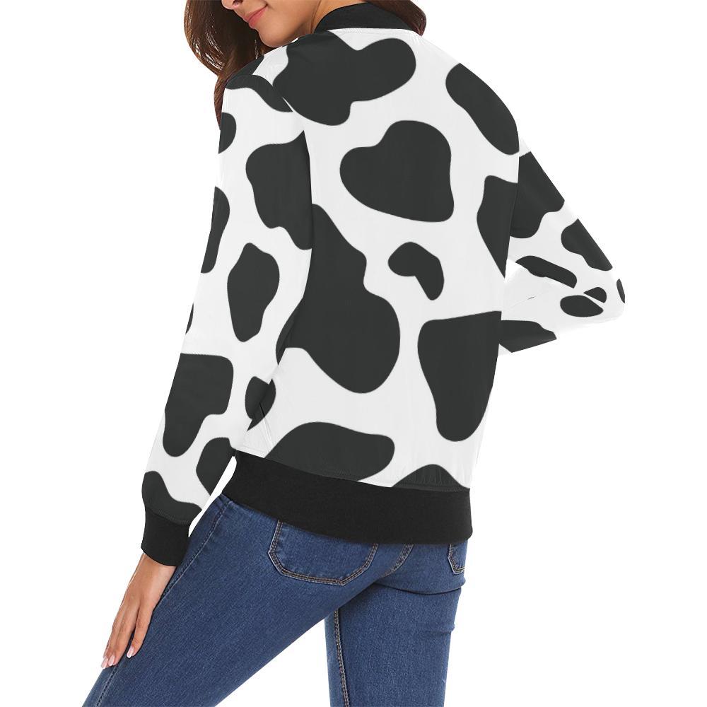 Black Cow Pattern Print Women Casual Bomber Jacket-grizzshop