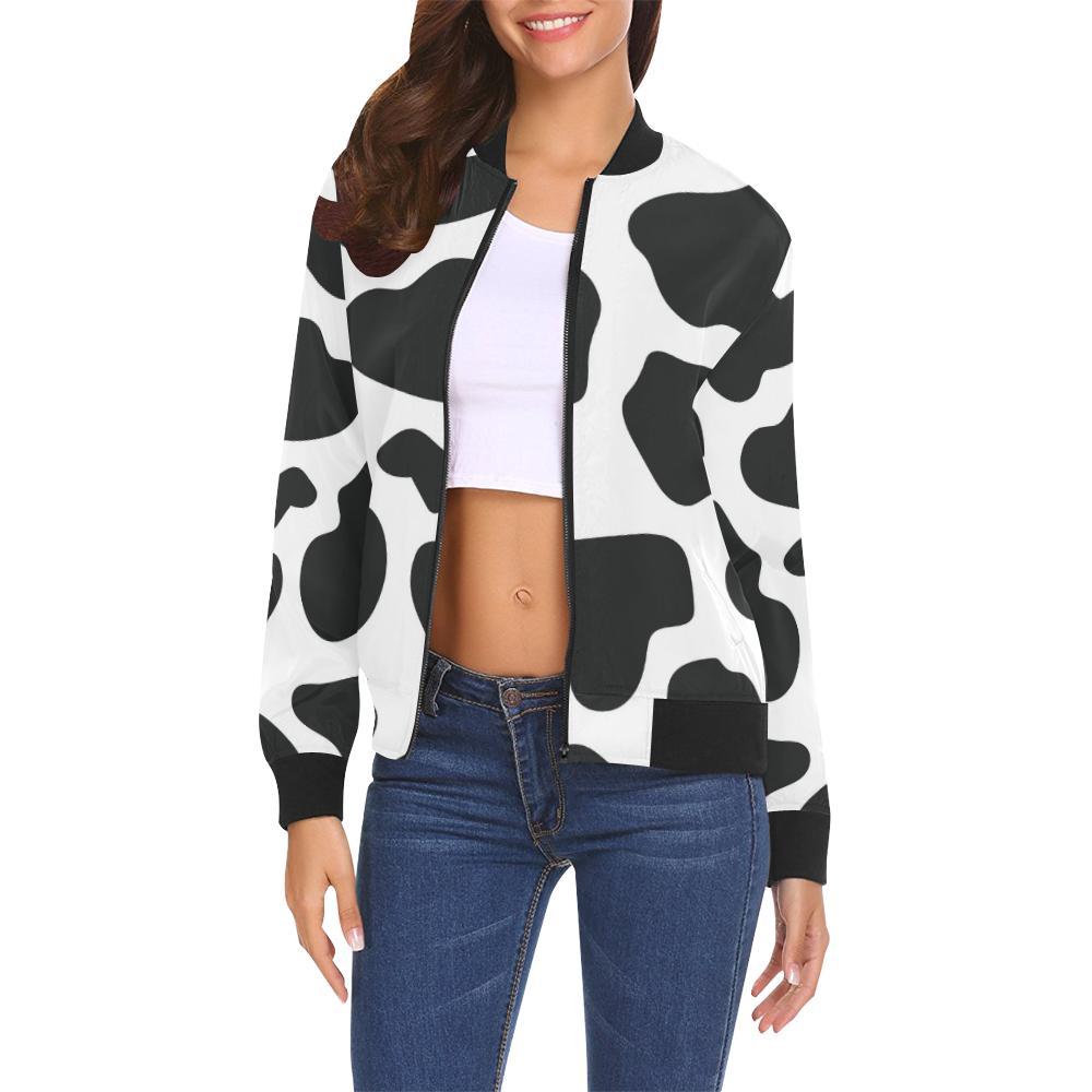 Black Cow Pattern Print Women Casual Bomber Jacket-grizzshop