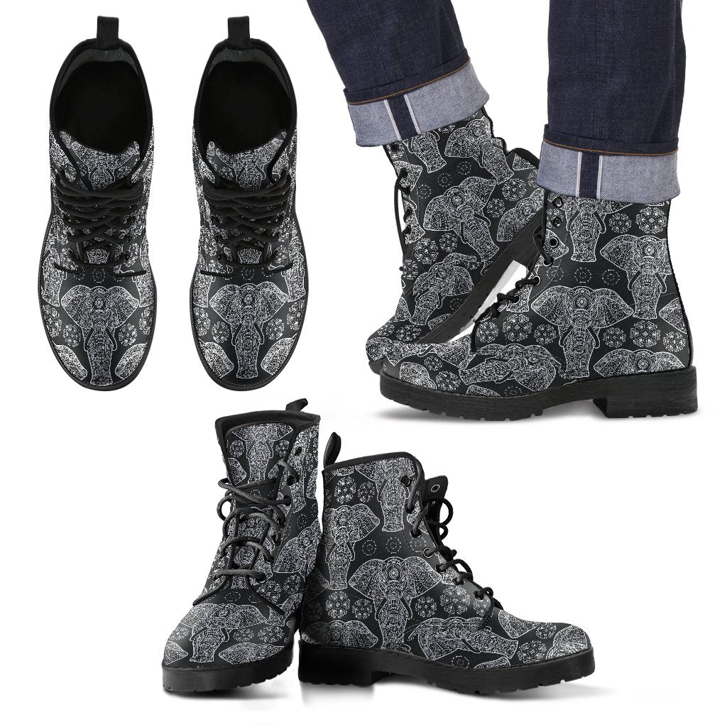 Black Elephant Mandala Print Men Women Leather Boots-grizzshop